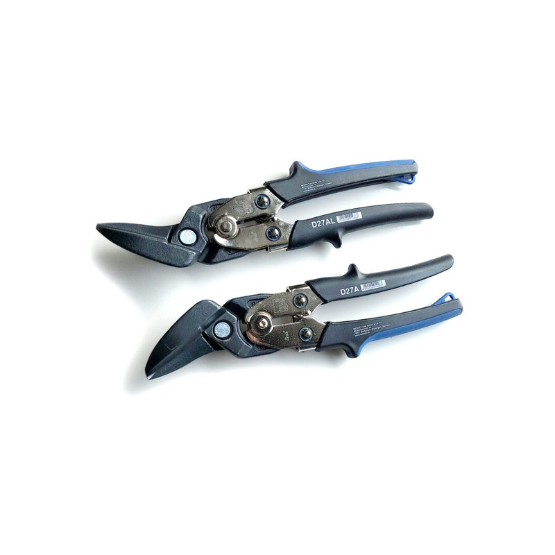 BESSEY Offset Cutting Snips – left and right-cutting options shown, designed for precise straight and curved cuts in sheet metal, ideal for roofing work.